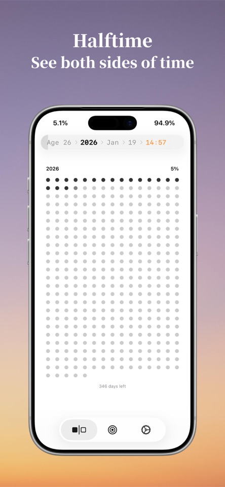 Halftime year progress screen shown on an iPhone