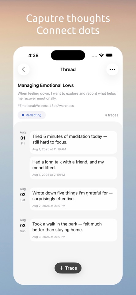 Logue connected thought timeline shown on an iPhone